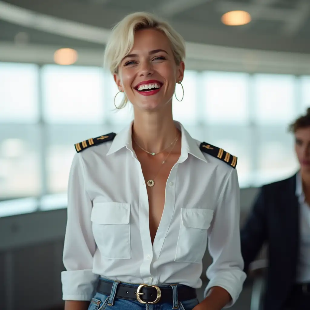 white norvegian pilot lady, in white unbuttoned pilot shirt, laughing with her mouth open, red lipstick accentuating her smile,belt on waist, big wide hips, chest are fully grown, jewerly, short hair, HD, enjoying at airport , photo-realism