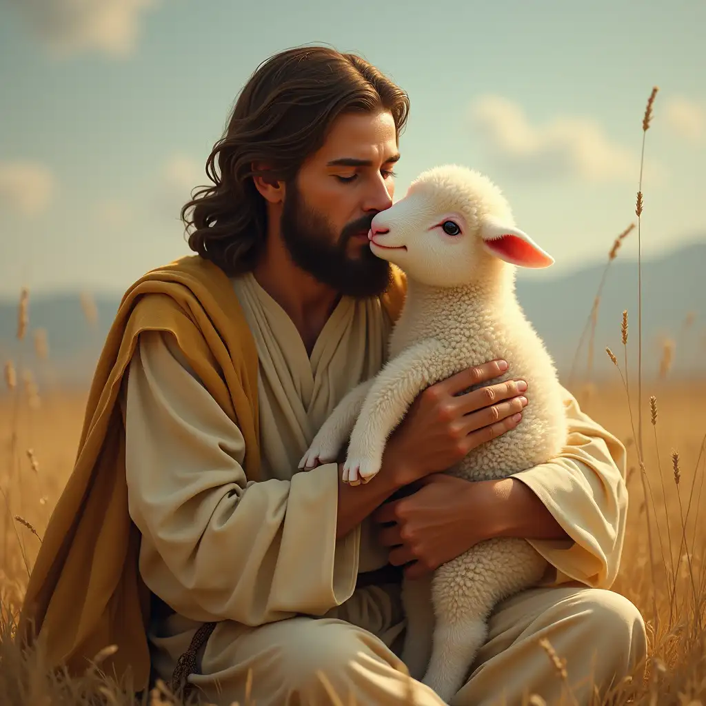 Jesus-Gently-Hugging-a-Baby-Sheep-in-a-Serene-Pastoral-Setting