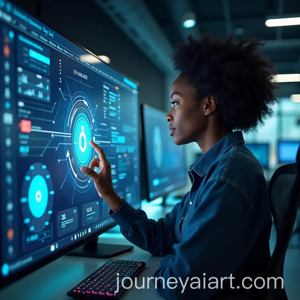 Young-Black-Woman-Interacting-with-Advanced-AI-in-Futuristic-Workspace