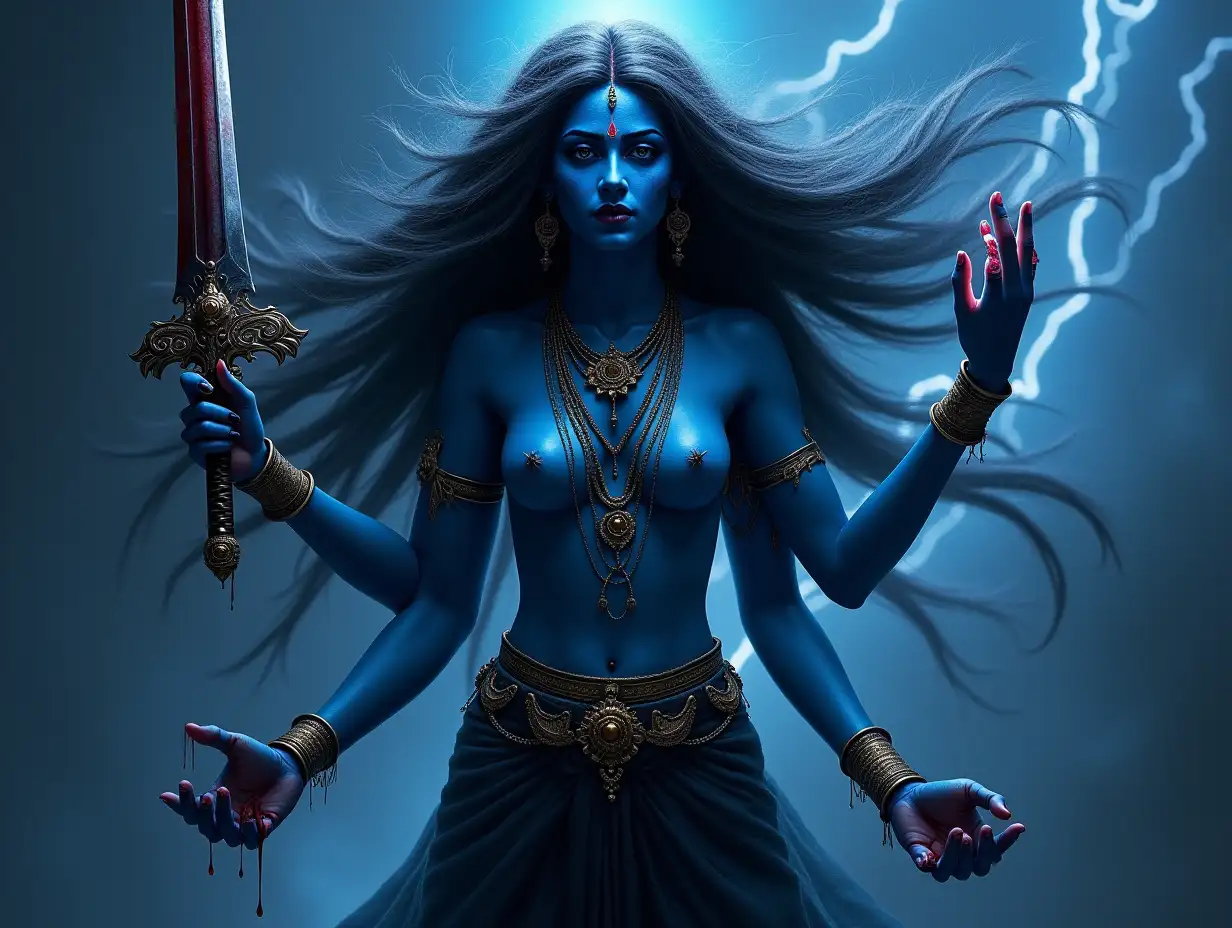 A mesmerizing depiction of Kali, a slender woman with azure skin, adorned with flowing dark hair and four arms. Her form is either bare or draped in a panther's pelt, a symbol of untamed power. In her upper right hand, she wields a blood-soaked sword, shattering doubt and duality. In her lower left hand, she grasps the head of a demon, representing the severance of ego. Her lower right hand gestures protectively, dispelling fear, while her upper left hand extends in a blessing, granting wishes. The four arms embody the four cardinal directions and four major chakras. Her three eyes, radiating an ethereal glow, command the forces of creation, preservation, and destruction, aligning with the past, present, and future, symbolizing the sun, moon, and lightning. A girdle of human hands encircles her waist, representing the relentless cycle of karma. Her deep blue hue, the color of the boundless cosmos, eternal time, and death, underscores Kali's dominion over the mortal realm. As stated in the 'Mahanirvana Tantra,' 'Black color holds within it white, yellow, and all other colors. Similarly, Kali encompasses all beings.' Black embodies the unblemished state of pure consciousness. 'Surf the Kali Yuga,' a mantra echoing through the boundless expanse.