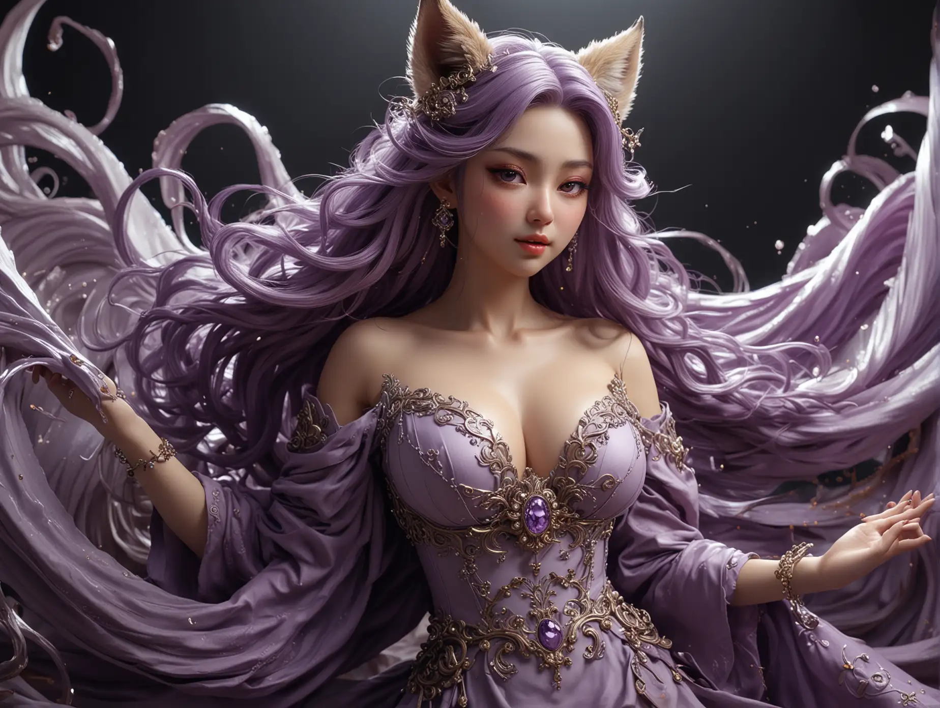 3D antique wind, romantic ancient wind, Q version, beautiful and romantic space, extremely luxurious, full body portrait, charming nine-tailed fox demon, voluptuous breasts, tempting cleavage, exquisite facial features, alluring face, soft long hair, bright purple big eyes, sharp teeth, a hairpin with jewels on the head, smooth skin, perfect figure, undulating curves, ultimate detail drawing, realistic lighting, beautiful light sense, movie lighting, Ding Dala lighting effect, octane rendering, against the light, contour light, biological radiation,