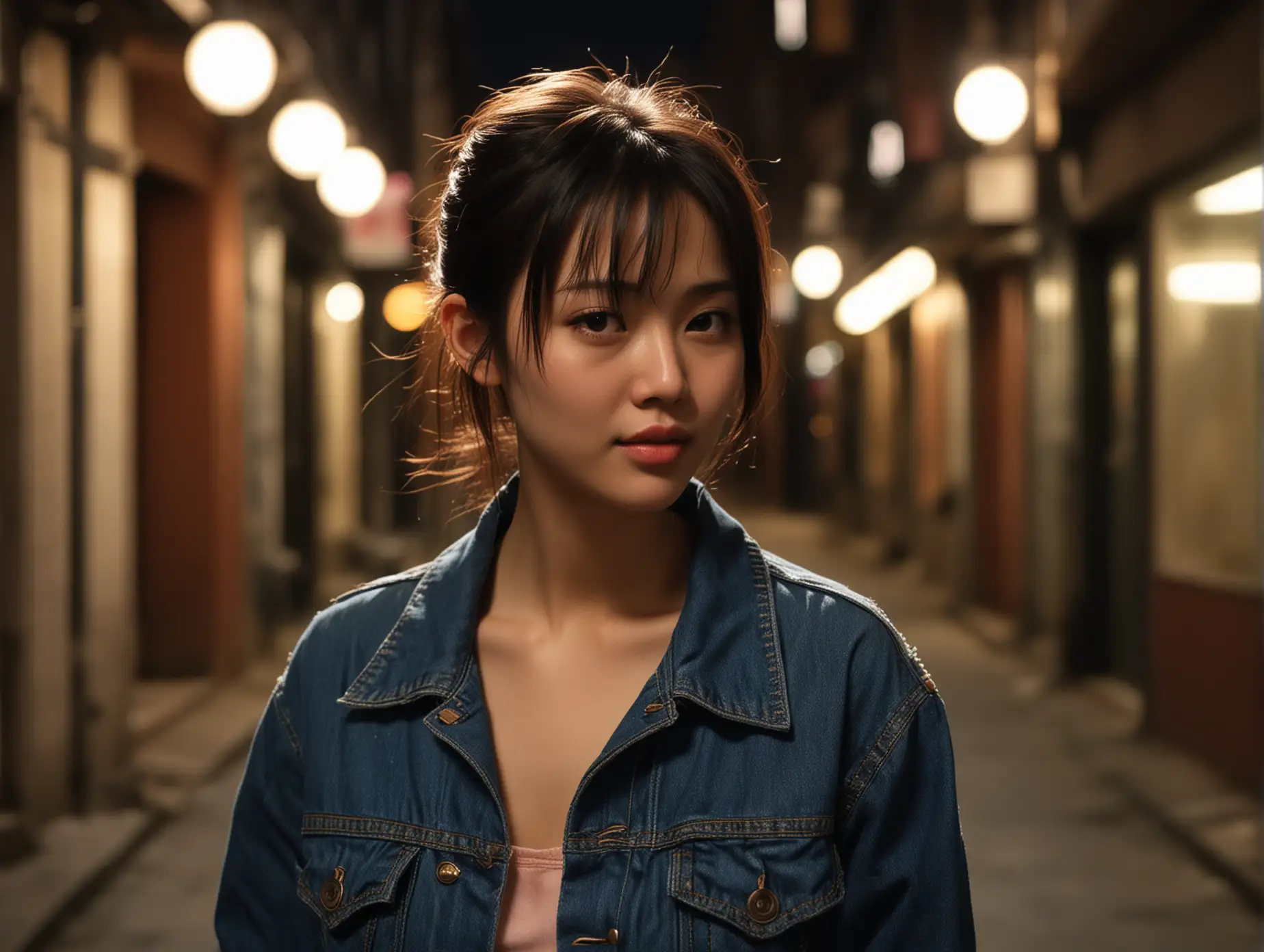 Urban-Nightlife-Stylish-Woman-in-Denim-Jacket-against-Blurred-Cityscape