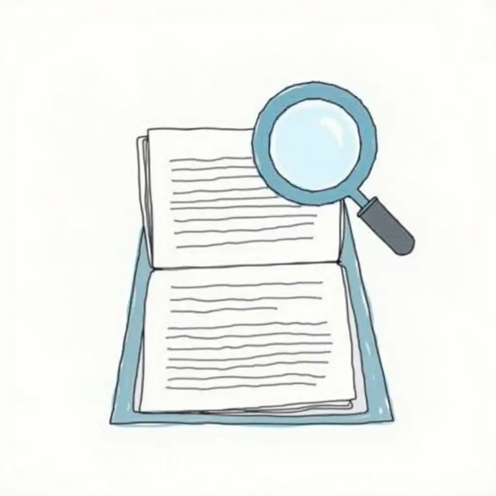 draw an illustration that demonstrates the process of literature search, with a paper-based journal in the center and a magnifying glass on top symbolizing research and in-depth study