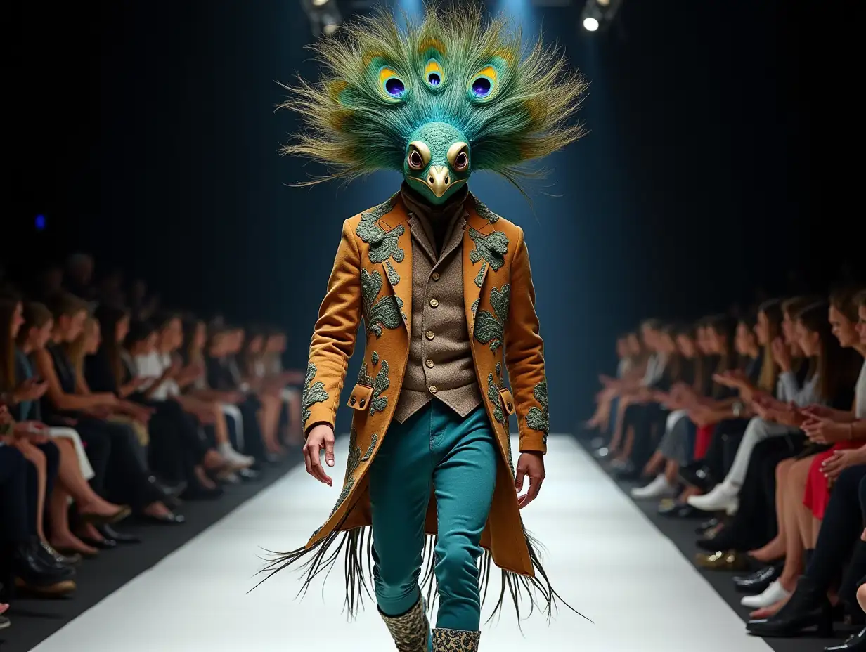 Ki-Fantasy, a mix of man-, Ogre and Peacock head design with beautiful shoes at a fashion show