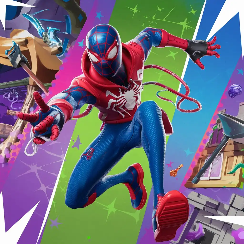 Design a Fortnite-inspired Spider-Man character, blending Spider-Man's classic red and blue suit with Fortnite’s iconic, stylized art. The character should have a sleek, modern version of Spider-Man’s costume, complete with his web-shooters and intricate webbing patterns. Add Fortnite-inspired details like bold outlines, exaggerated features, and a dynamic, action-packed pose that fits within the game's aesthetic. The background should be vibrant and colorful, with hints of Fortnite's playful, cartoonish style, perhaps incorporating elements like the game's signature weapons or structures. The overall design should feel energetic, fun, and instantly recognizable as part of the Fortnite universe.