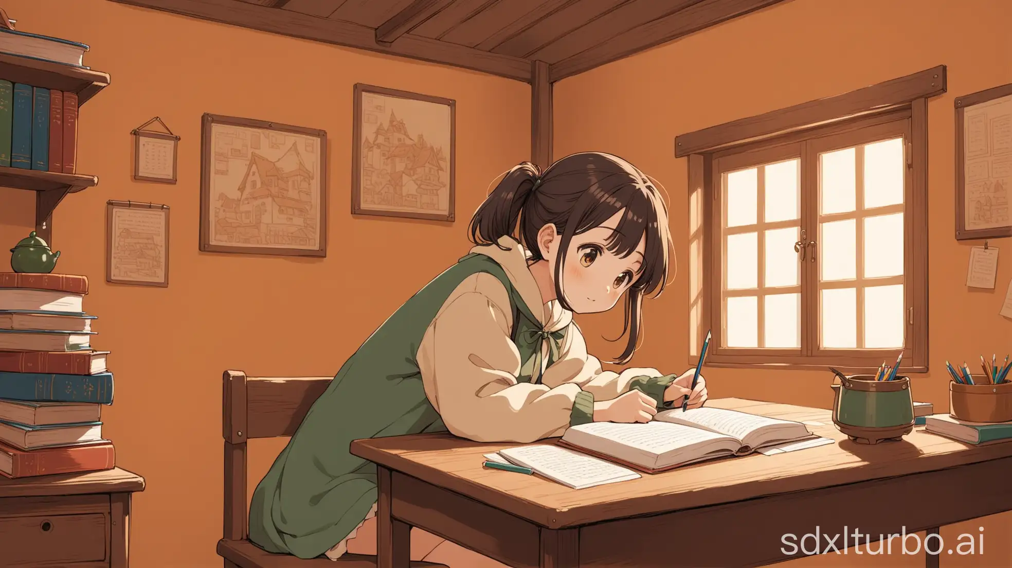 Same cute girl studying in her cozy room with the same color of walls and everything in studio ghibli style