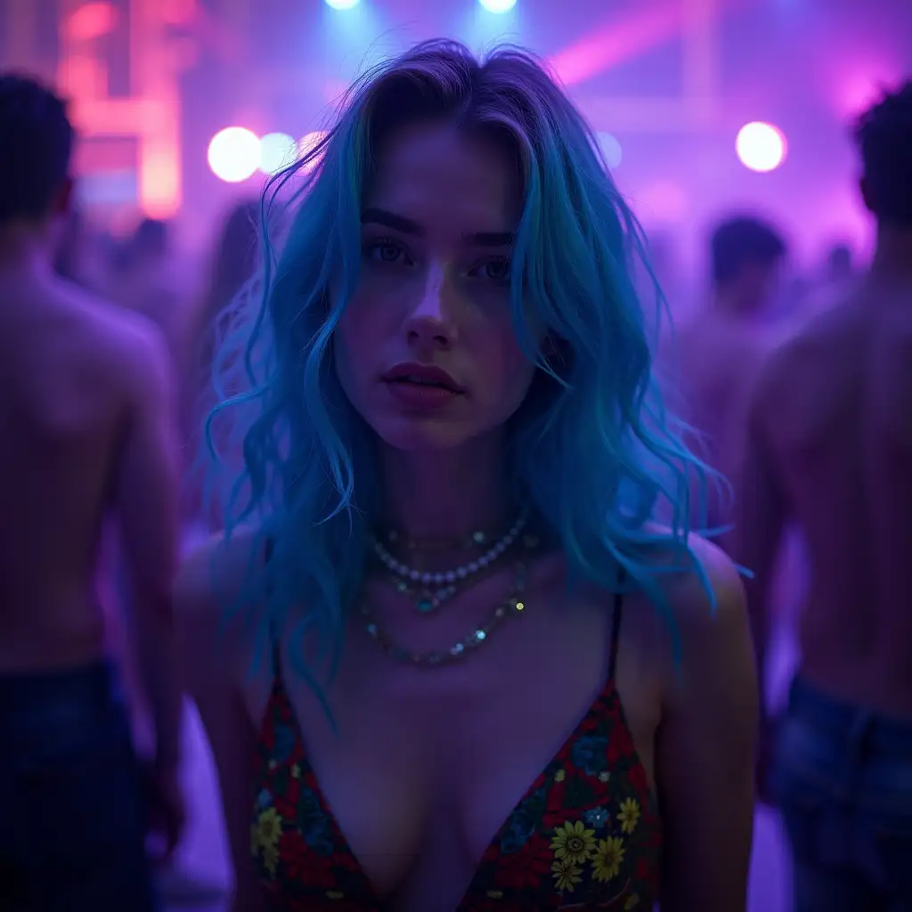 Image of a white woman with loose blue hair, at a rave, disco