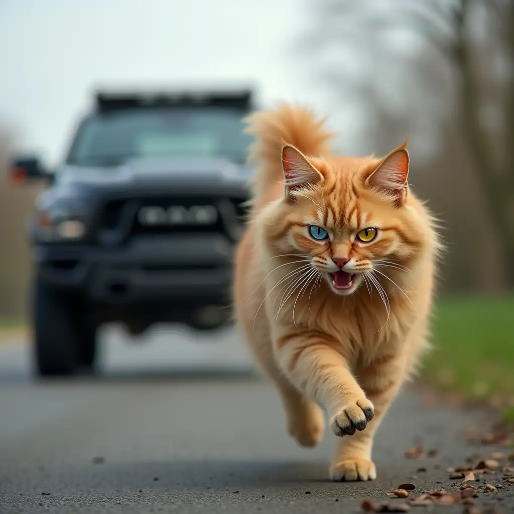 A fluffy ginger cat, running in terror along the road, one eye blue, the other yellow, pursued by a large, black RAM TRX car