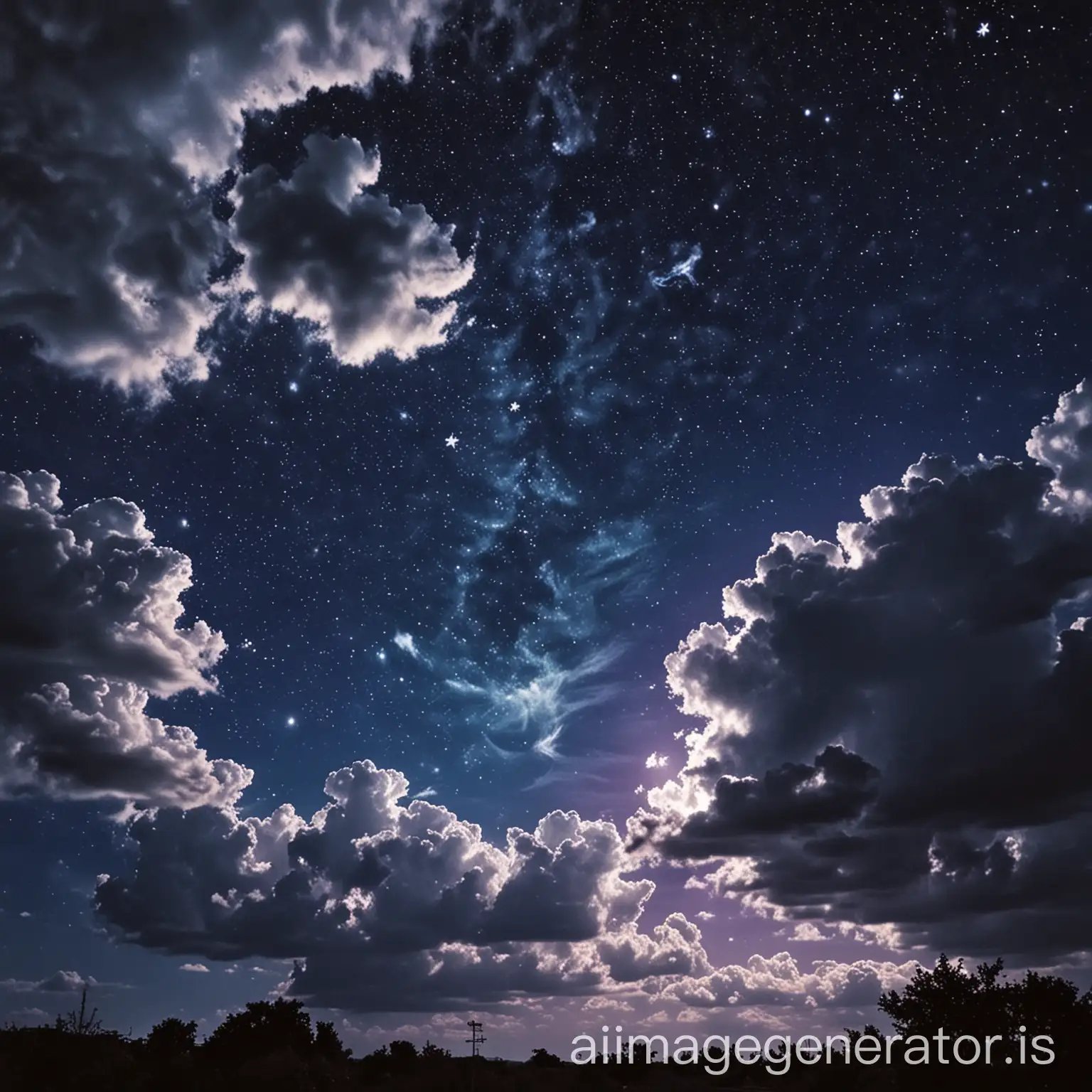 Deep blue and dark purple sky, with clouds and white stars ⭐️