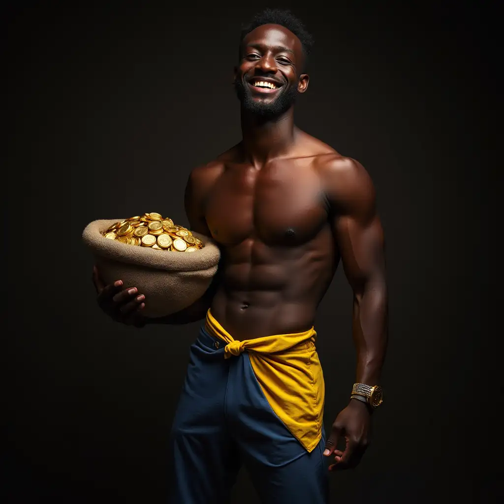 Happy-Shirtless-Black-Man-Holding-Schelp-Full-of-Golden-Coins-in-Darkness