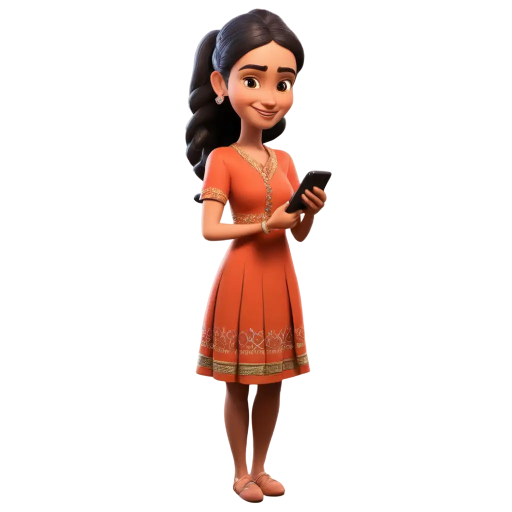 27YearOld-Girl-Holding-Mobile-in-Indian-Frock-with-Braids-PNG-Image-Cartoon-Style-Character