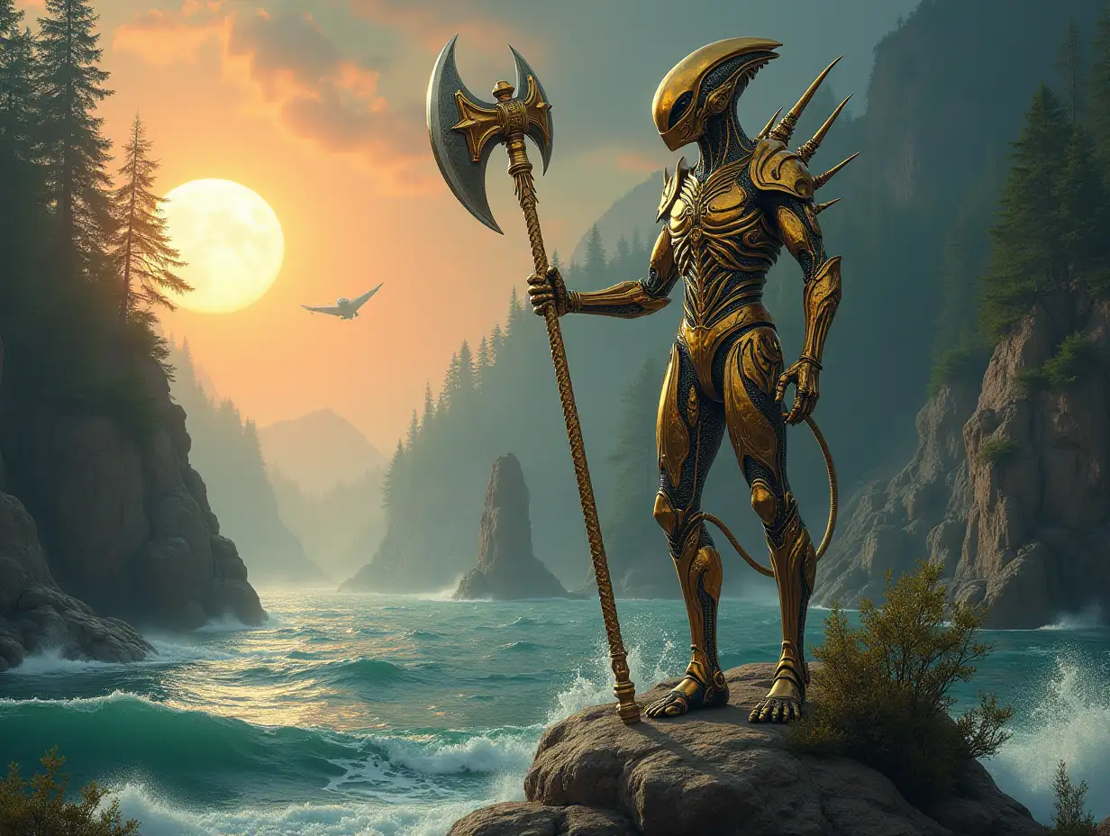 Hyperrealistic portrait of a 15 meter tall metal alien king, gold-silver with an ax in the sea with waves on a rock with plants, on a detailed, colorful forested planet with sun and ufo background