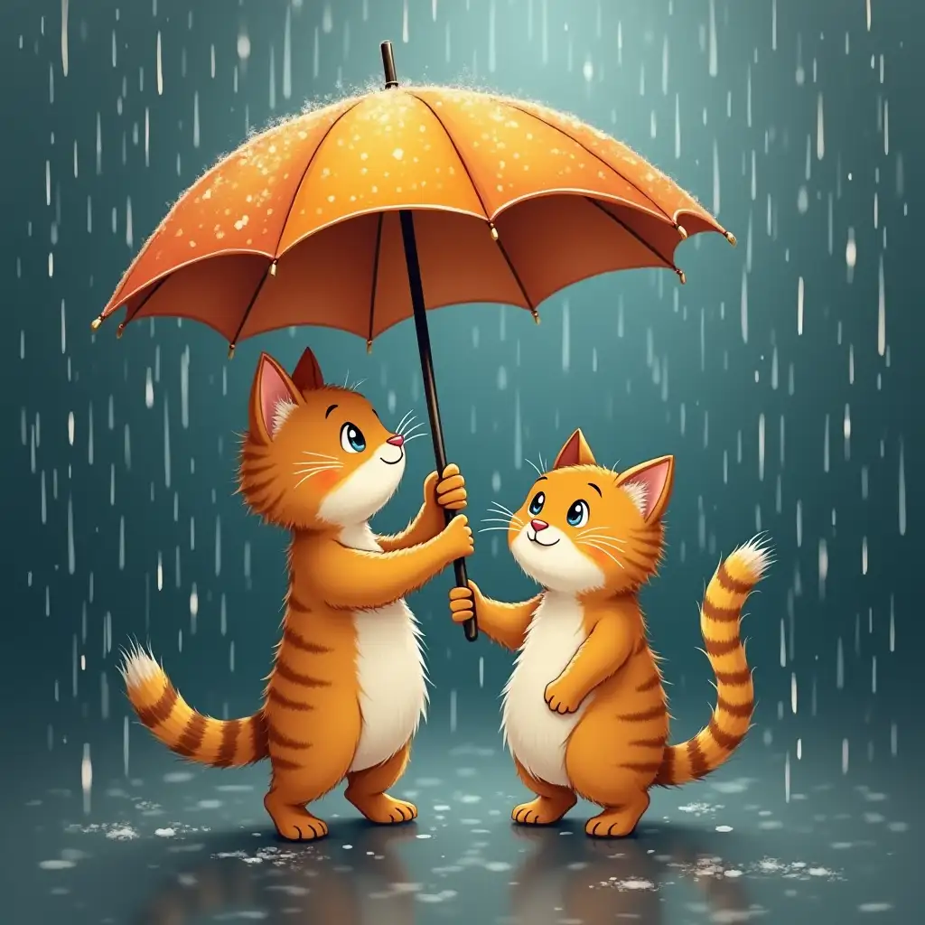 hello friend cat hold umbrella rain storm together