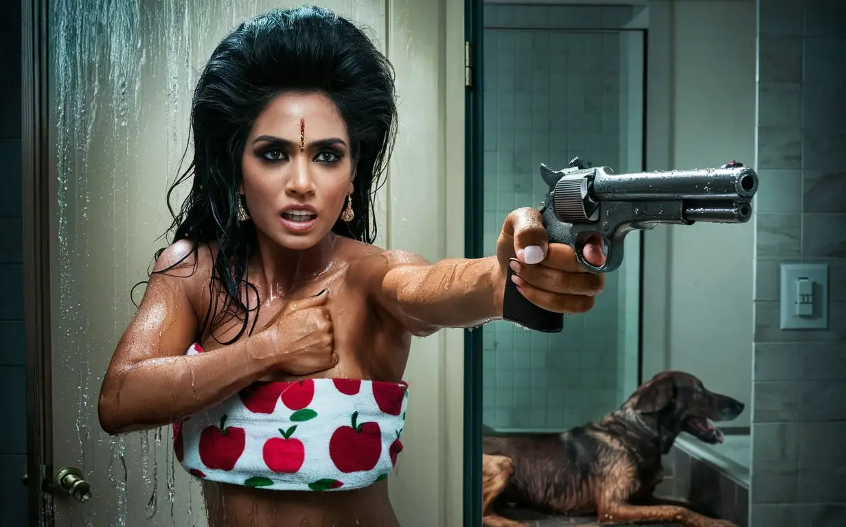 Angry Indian Woman in Apple Print Bath Towel Holding Pistol