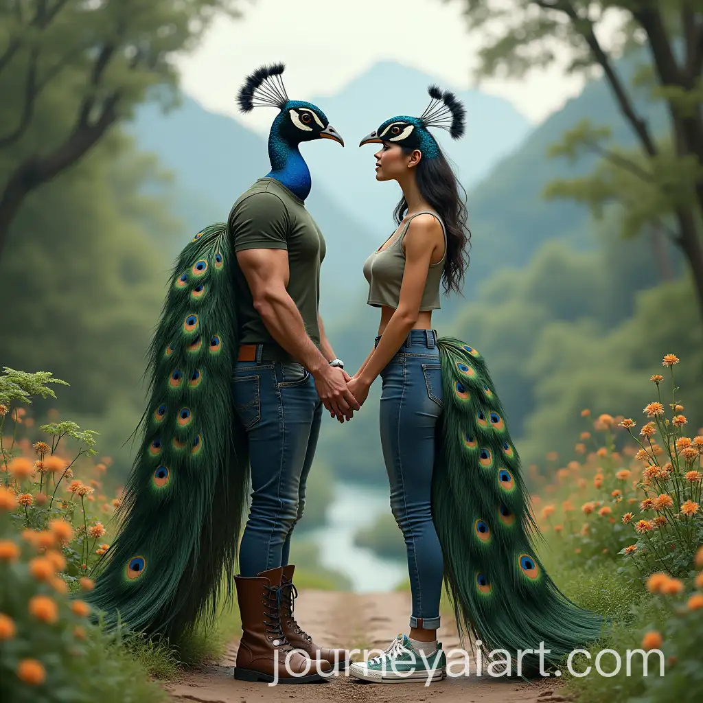Romantic-Anthropomorphic-Peacock-Couple-in-a-Lush-Forest
