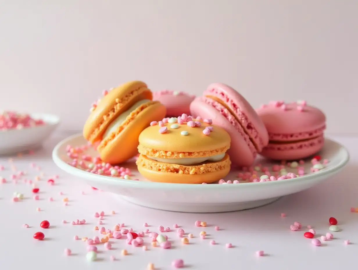 Celebratory Colorful Macarons with Heart Sprinkles and a Powdered Sugar Base