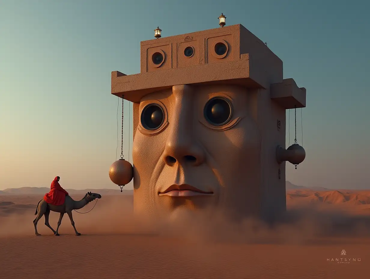 Face transforms into a high building with terrace with speaker  with lit hanging balls with and lantern in the desert with camel with  with view to the viewer