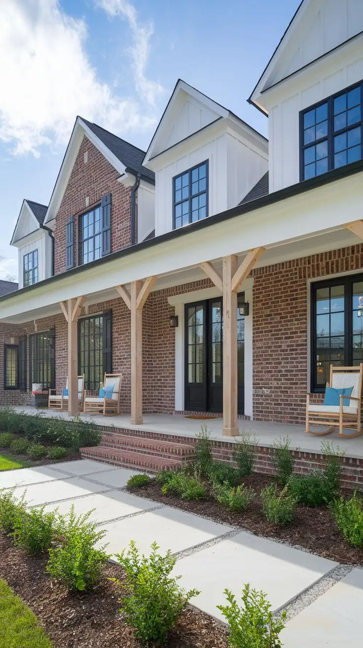 A stunning, eye-level, daytime exterior shot of a modern farmhouse style brick house. The house features classic red brick with white board and batten siding on the upper levels and gables. Black framed windows and doors provide contrast. A welcoming front porch includes natural wood beams, stone porch flooring, and comfortable rocking chairs.  The landscaping is simple and elegant with green shrubs and a gravel walkway.  Bright, sunny day, clear blue sky. Realistic, high-definition, detailed brick texture, architectural photography, 8k --ar 16:9 --zoom 1.5