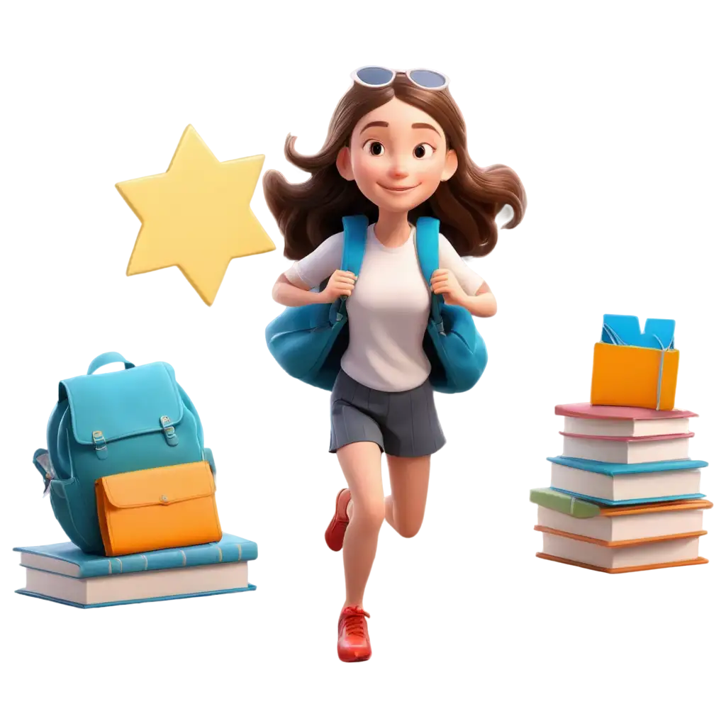 A girl with a backpack, young and fashionable, cartoon, simple and atmospheric, fair skin, surrounded by many books, colorful and vivid, bright sunshine, actively jumping up and down, very happy, 3D flying