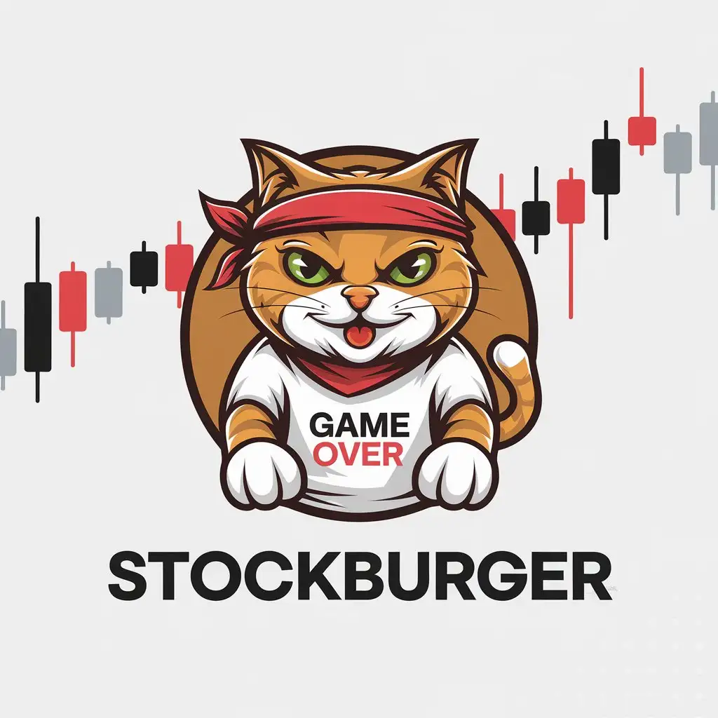 LOGO Design for StockBurger Hungry Cat with Red Bandana Game Over Tshirt and Trading Candles Symbolism for Finance and Crypto