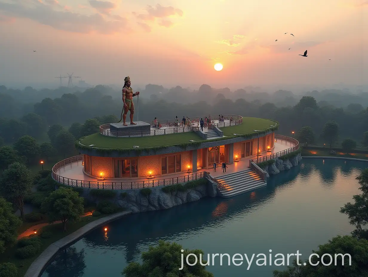Aerial-View-of-Hindu-Hanuman-Statue-andAI-Image-Prompt-Expansion-Elliptical-Hall-Surrounded-by-Lake-and-Temples