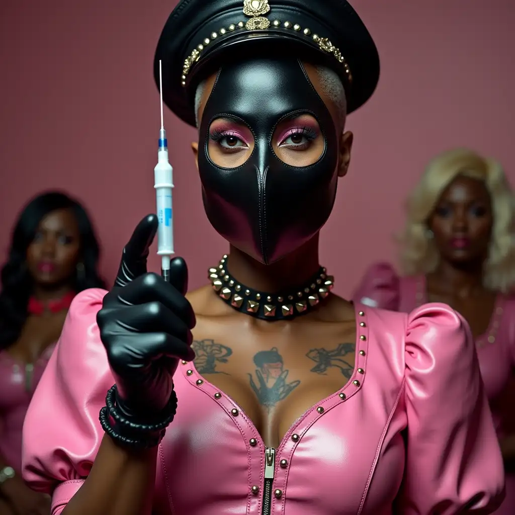 African-Actress-Cynthia-Erivo-in-Pink-Leather-Sissy-Maid-Outfit-Holding-Injection-Needle