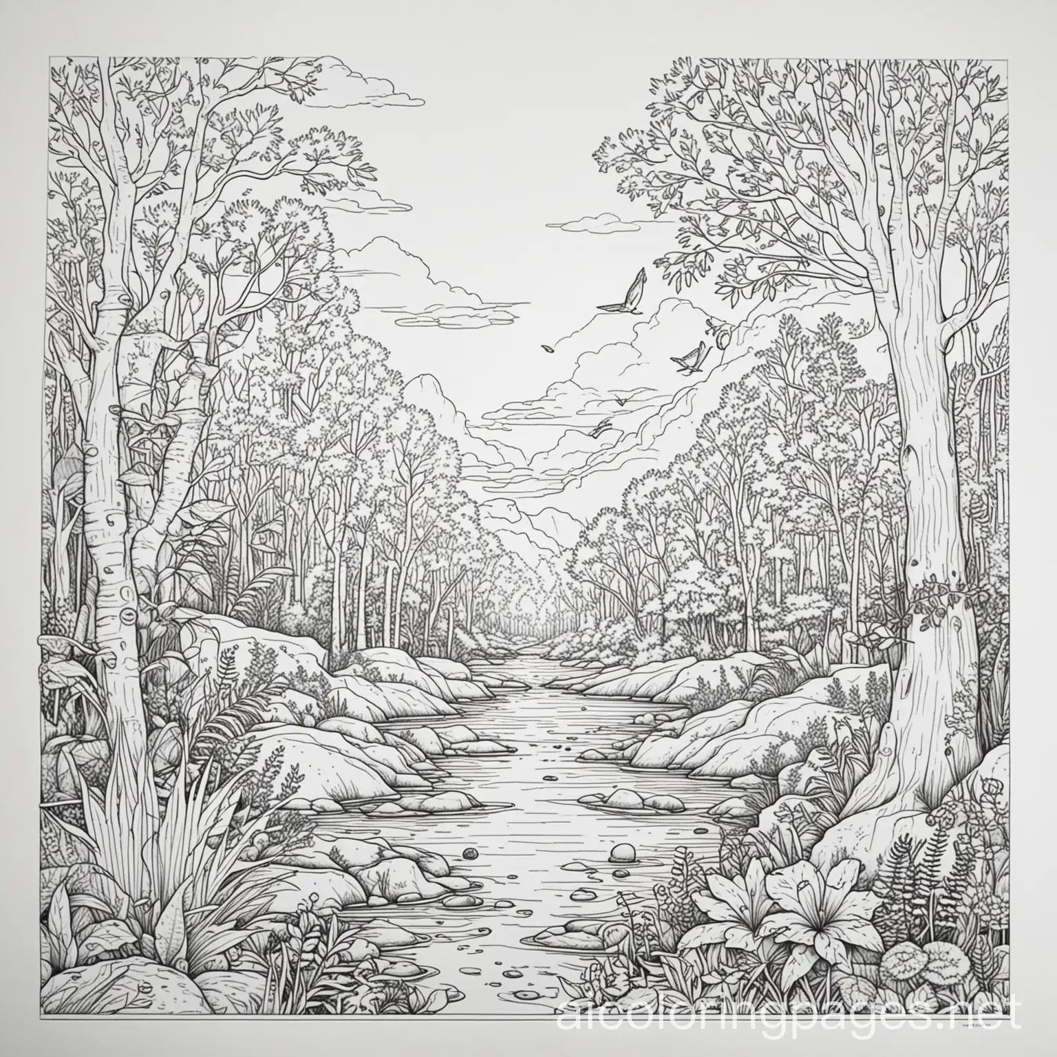 ecosystem themed, Coloring Page, black and white, line art, white background, Simplicity, Ample White Space. The background of the coloring page is plain white to make it easy for young children to color within the lines. The outlines of all the subjects are easy to distinguish, making it simple for kids to color without too much difficulty