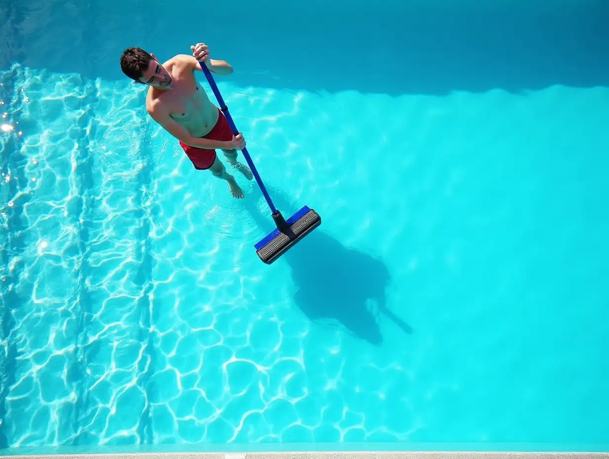 Cleaning and maintenance of swimming pool. Aerial view to maintenance person cleaning swimming pool in sunny day