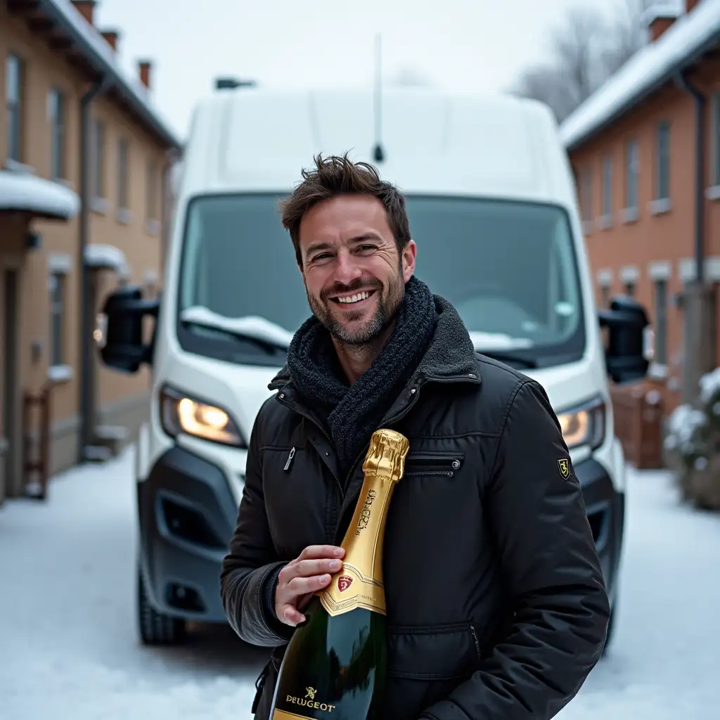 Man-Celebrating-Minibus-Purchase-with-Champagne-in-Snowy-Courtyard