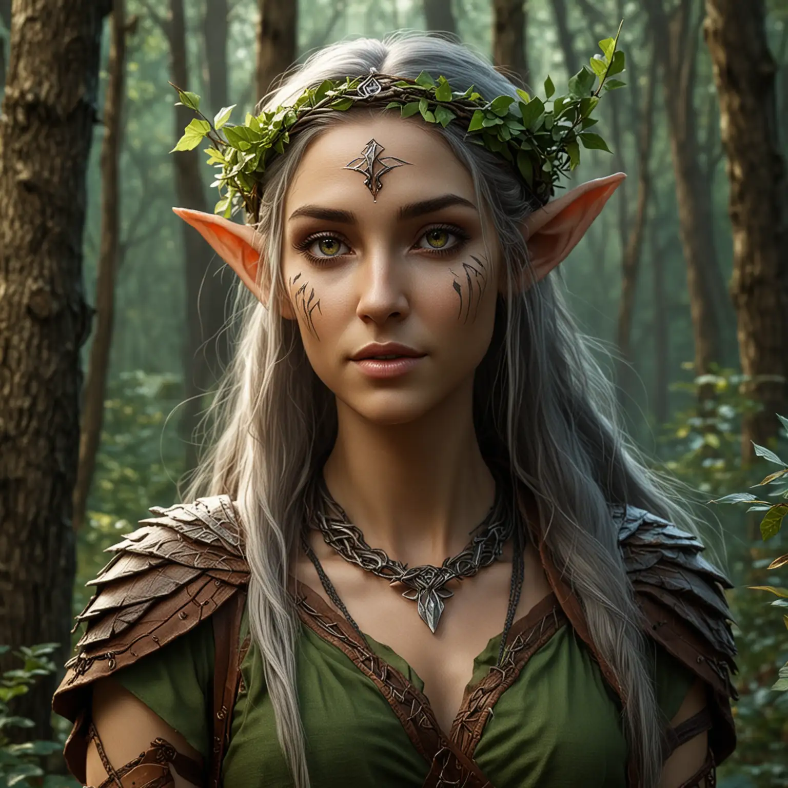 Female Wood Elf Druid in Enchanted Forest Casting Nature Spell