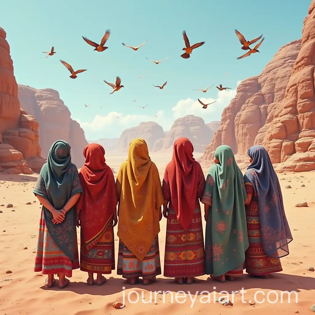 Jordanian-People-in-Traditional-Dresses-with-Petra-Background-and-Colorful-BirdsAI-Image-Prompt-Expansion-in-the-Sky