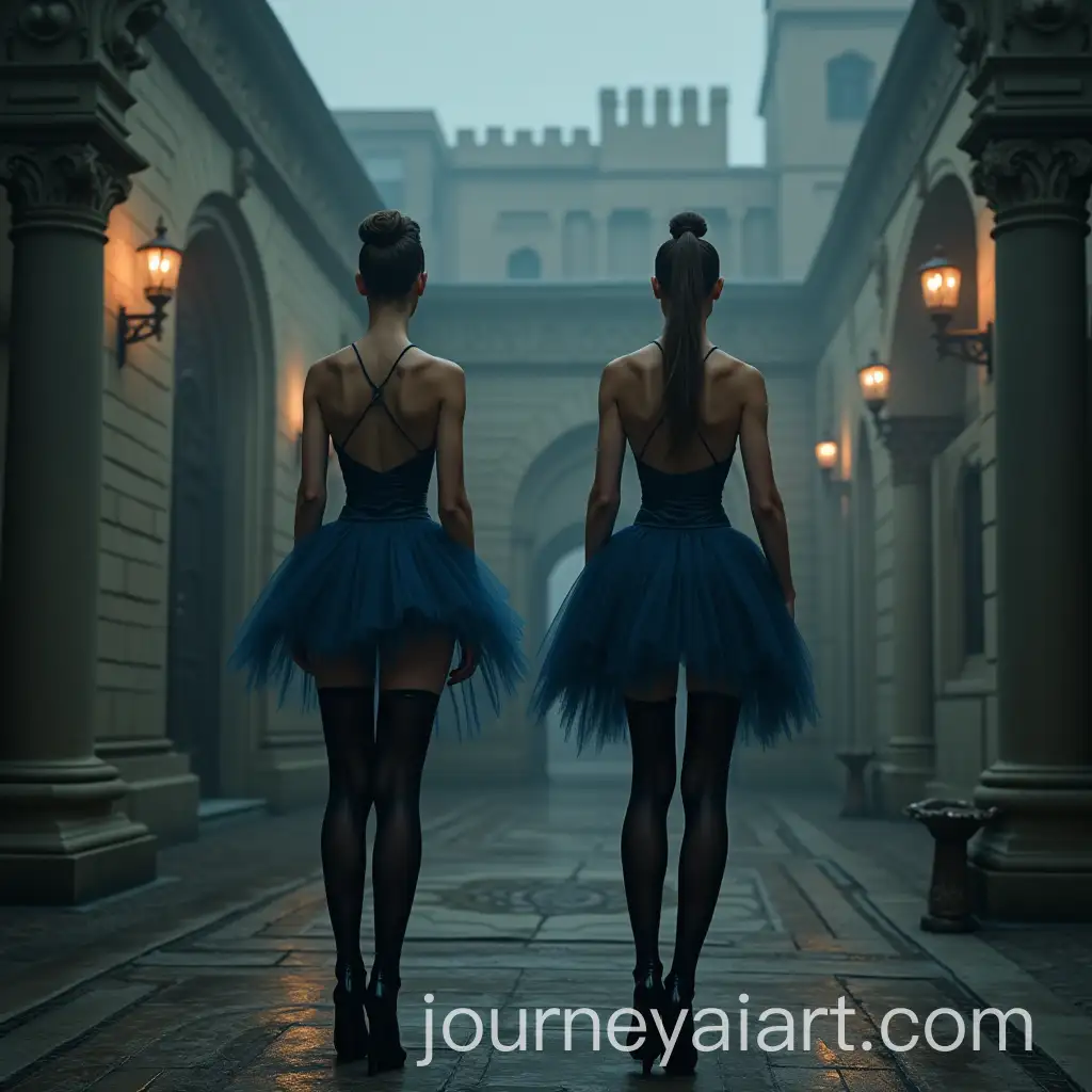 Hyperealistic-Ballerinas-in-Navy-Blue-Latex-Suits-and-Stiletto-Boots-at-Misty-Castle-Courtyard