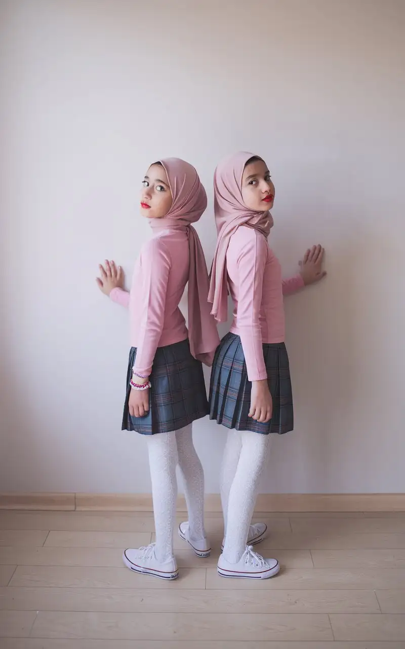 Two-Petite-Teenage-Girls-in-Pink-Hijabs-and-School-Outfits-in-Classroom