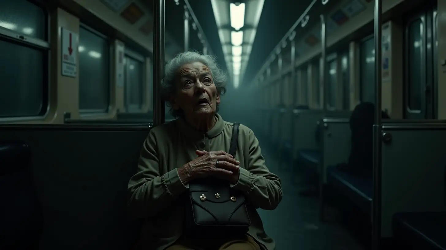 Create an image of an elderly grandmother holding her purse close to her chest with both hands, her expression showing fear or anxiety. The scene is set in a dimly lit, nearly empty subway car or platform. The flickering fluorescent lights cast harsh, uneven shadows, enhancing the eerie atmosphere. The grandmother is seated or standing near a pole, illuminated by a single, dramatic light source that makes her the focal point. The environment should feel unsettling, with subtle details like graffiti, abandoned bags, or distant, indistinct shadows suggesting a looming threat. Her traditional clothing should have muted tones, and her worn purse should stand out prominently. The atmosphere should evoke a sense of suspense and unease, blending the enclosed, industrial feel of the subway with a cinematic Hollywood horror style. Use realistic textures, high contrast, and chilling mood lighting to amplify the tension.