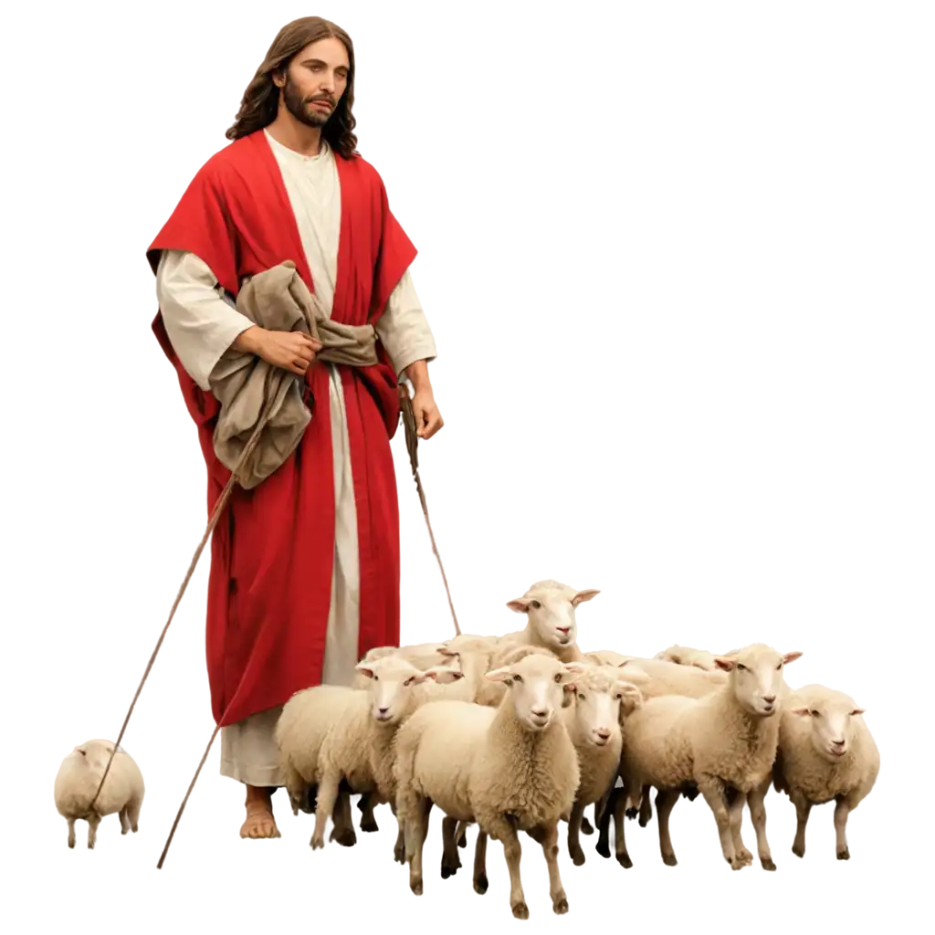 Jesus-my-Shepherd-with-sheep-in-pastures-in-Red-Clothing-PNG-Image