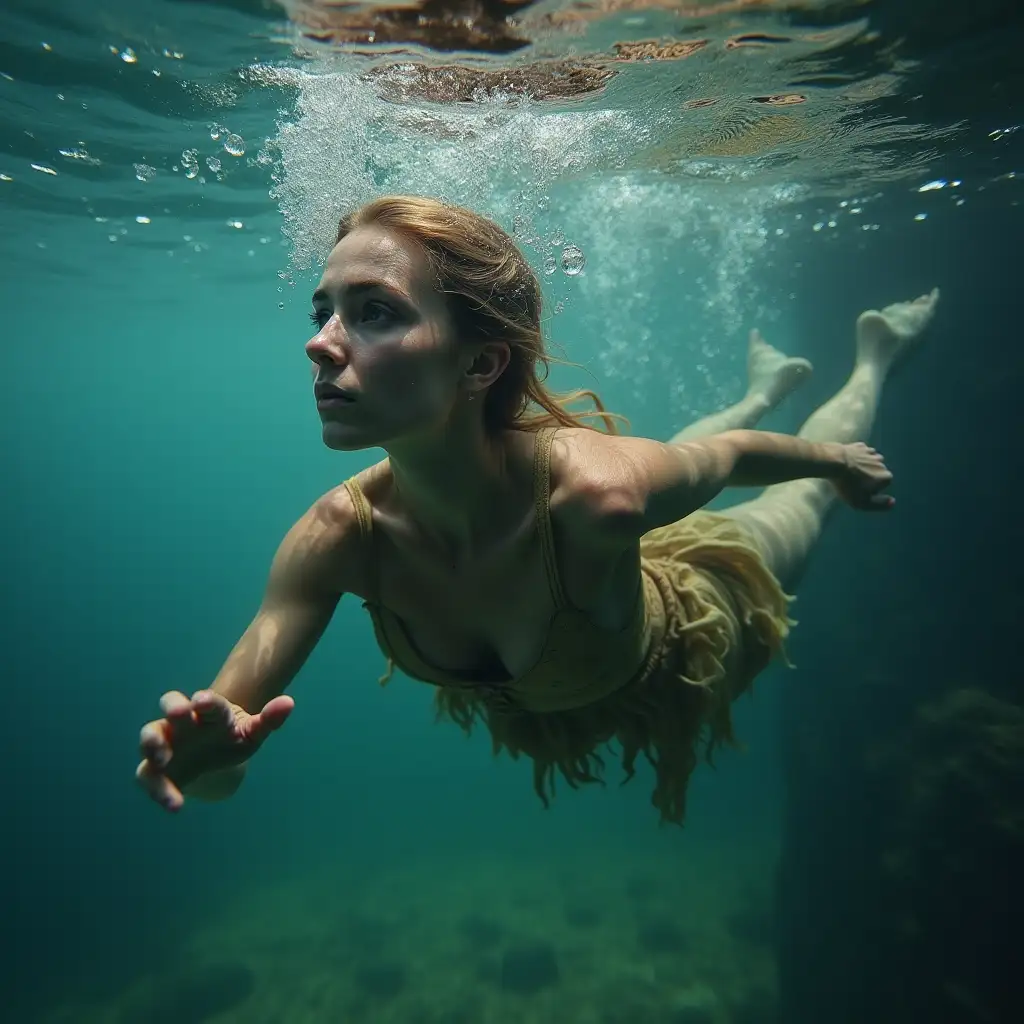 Beautiful neolithic young woman swimming underwater in the paleolithic