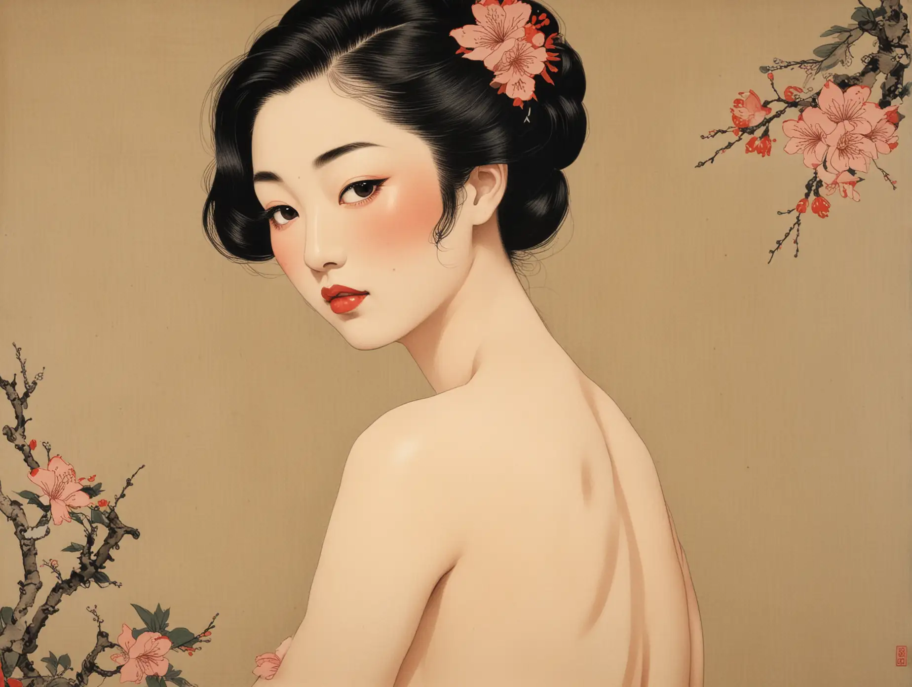 Ukiyo-e portrait painting of beautiful nude woman.
