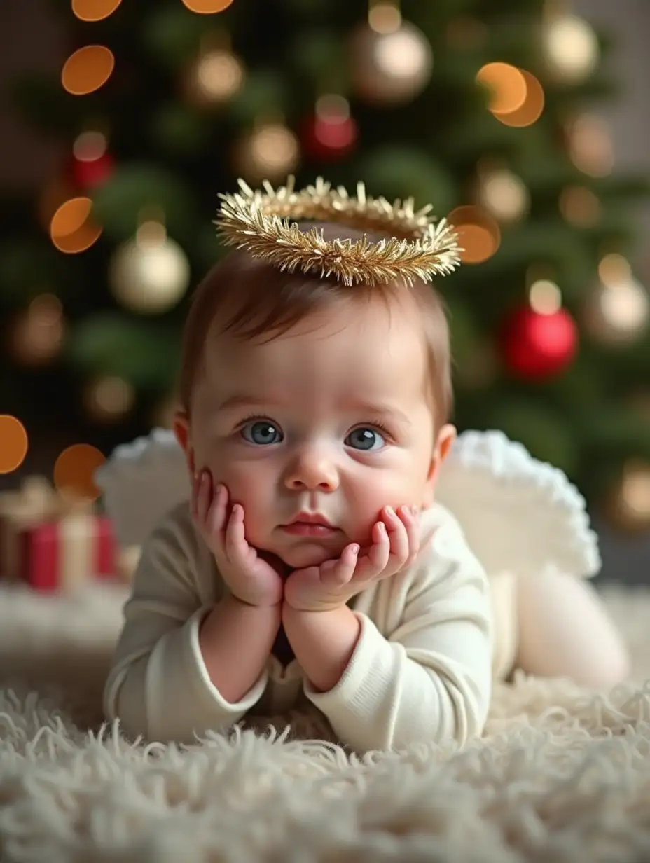 Newborn Infant in Christmas Angel Costume Under a Gorgeous Christmas Tree