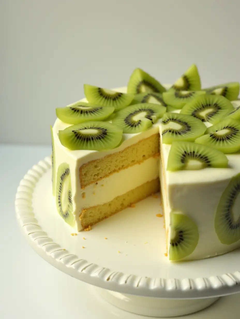 cake sliced kiwi with lots of kiwi pieces placed on the white aesthetic part inside the cake