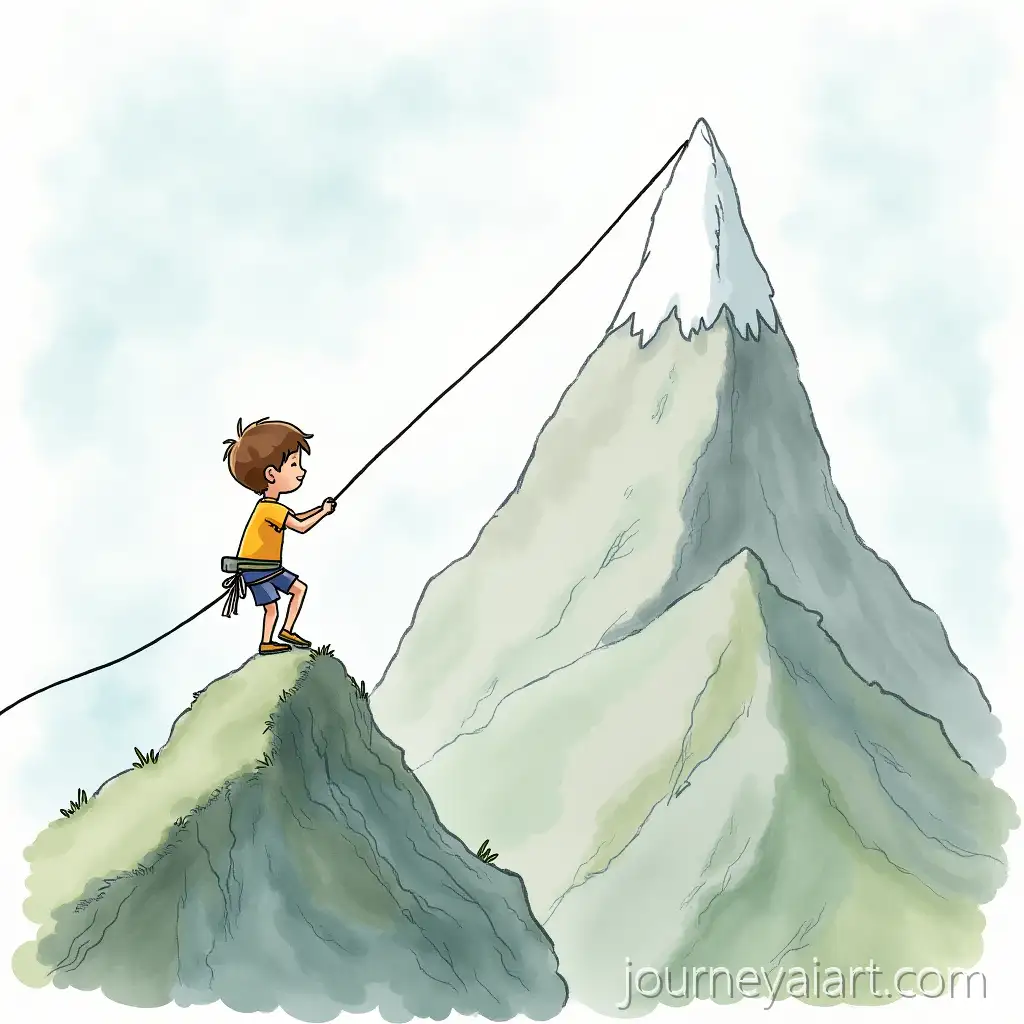 Whimsical-Watercolor-Illustration-of-a-Boy-Climbing-a-Mountain-on-a-Rope