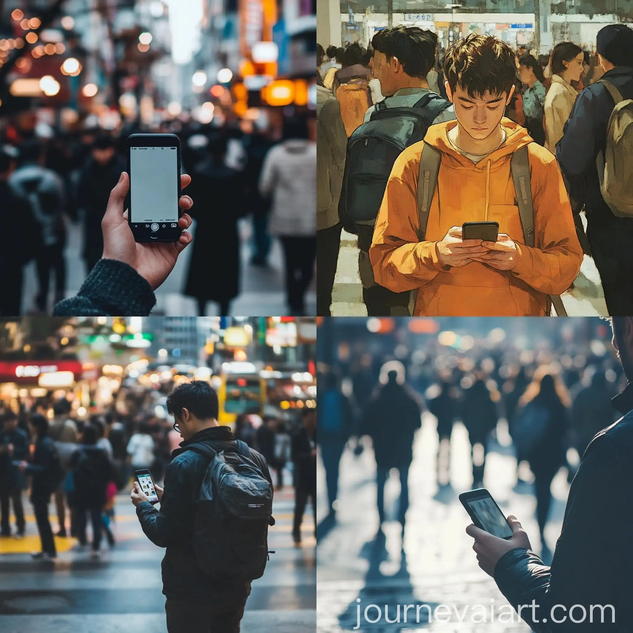 Man-Holding-Phone-in-Busy-Urban-Scene