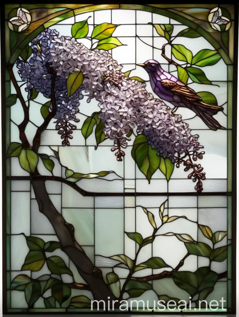 Tiffany Glass Partition with Blooming Lilac Bush and Bird
