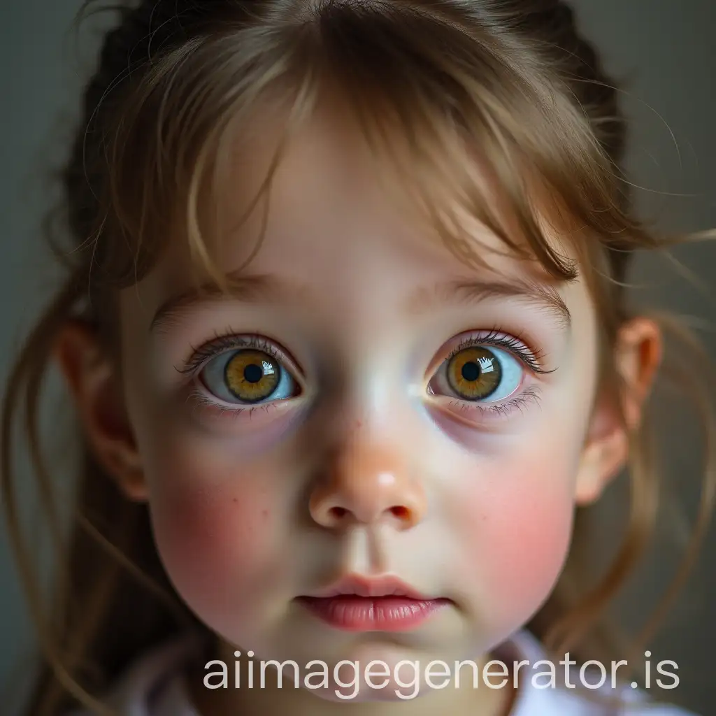 little girl with very big and protruding eyes crosses the pupils of her eyes rotating them towards the top of the nose