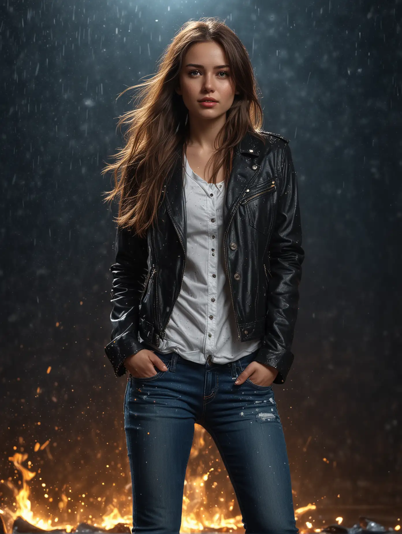 Woman-in-Black-Jacket-Surrounded-by-Golden-Sparkling-Rain-and-Fire