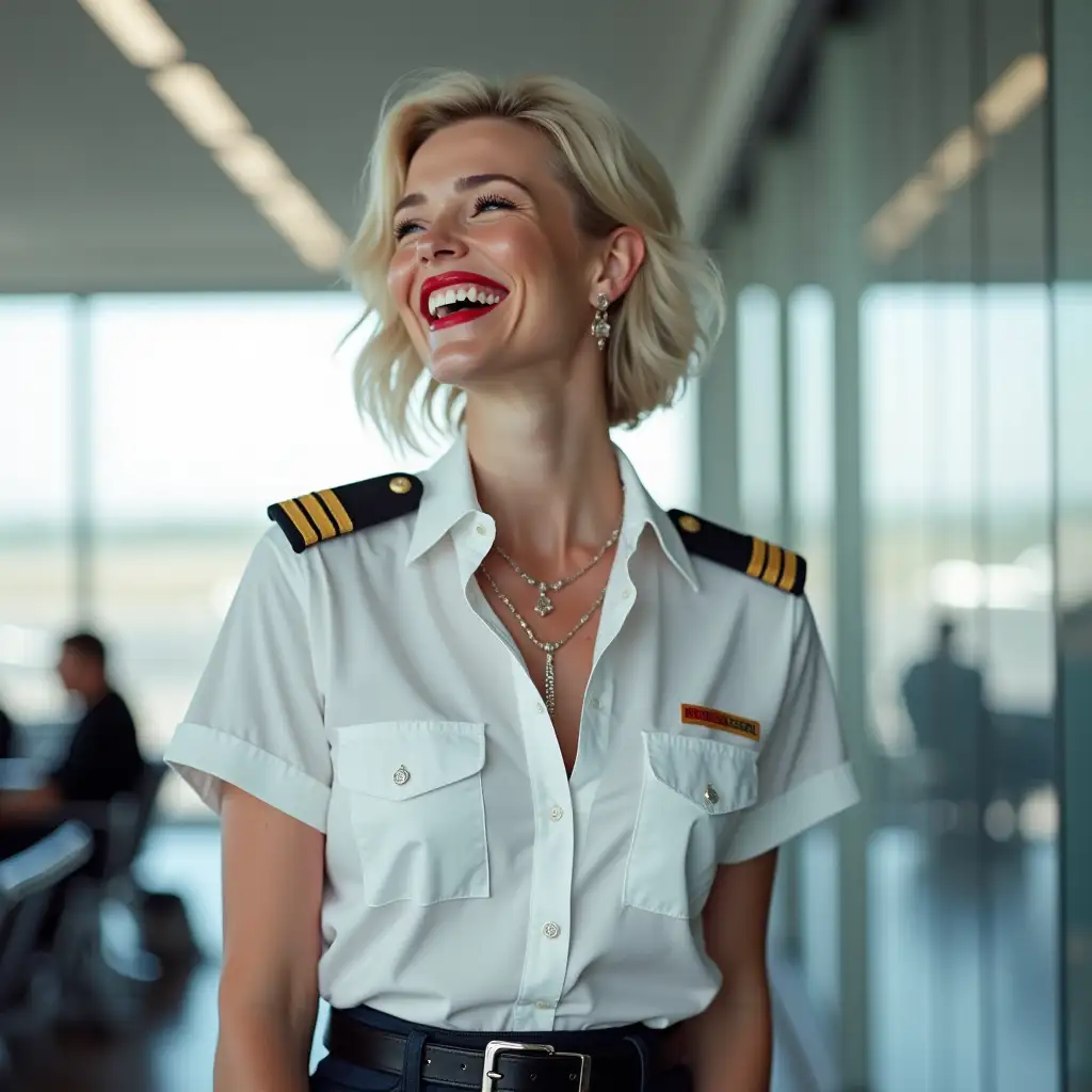 white norvegian pilot lady, in white deep-necked pilot shirt, laughing with her mouth open, red lipstick accentuating her smile,belt on waist, big wide hips, chest are fully grown, jewerly, short hair, HD, enjoying at airport , photo-realism