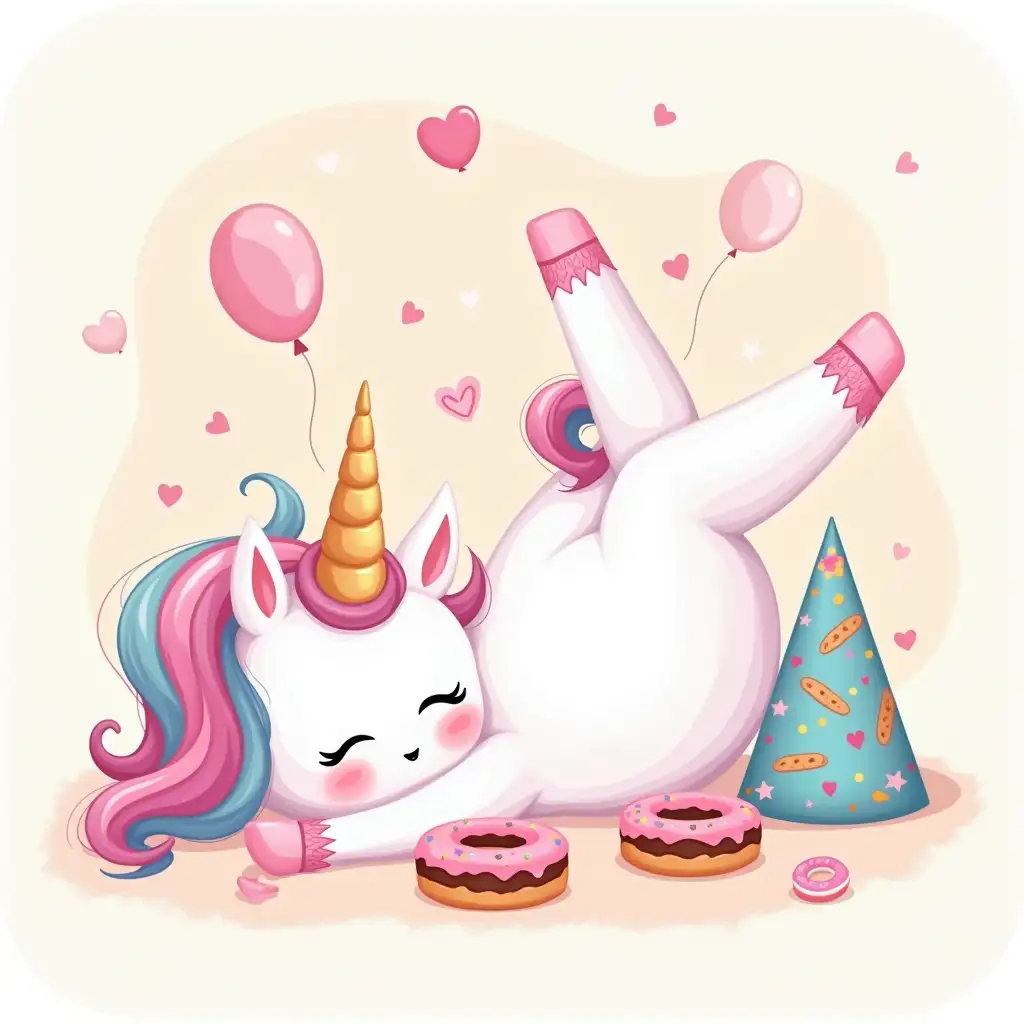 uniicorn, vector illustration, a unicorn girl has eaten sweets, lying on her back, bottom up, stretching her legs, small, cute and beautiful, closed eyes, nearby lies a holiday hat, candies, doughnuts, balloons