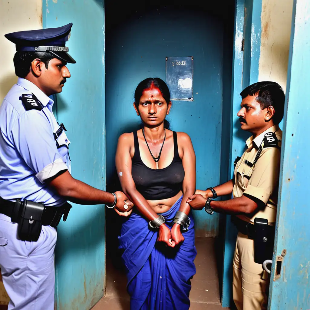 A hounga poorv woman in sadee handcuffed by Two Indian policemen inside lockup