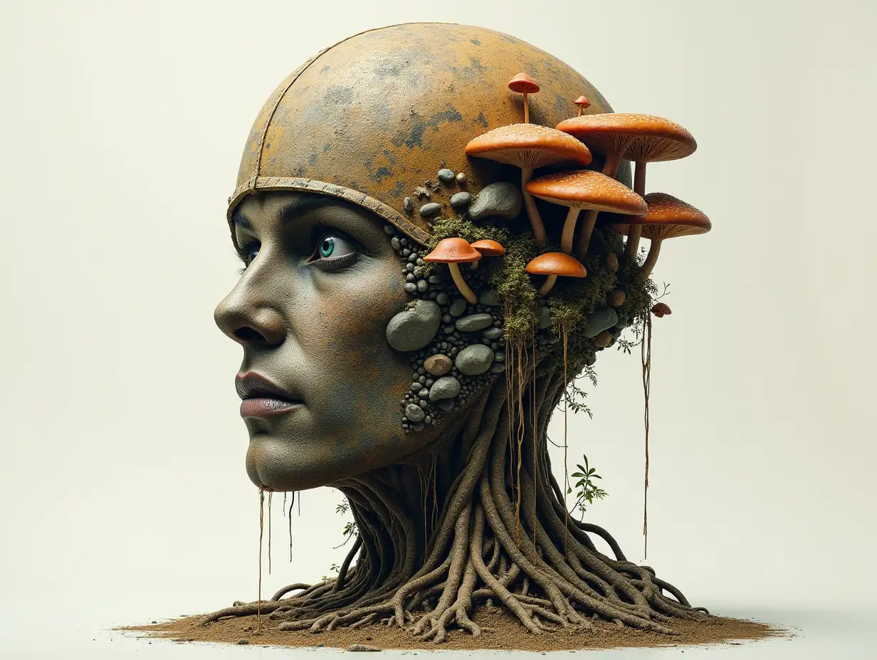 Head with helmet, stones, mushrooms, roots transformed into building