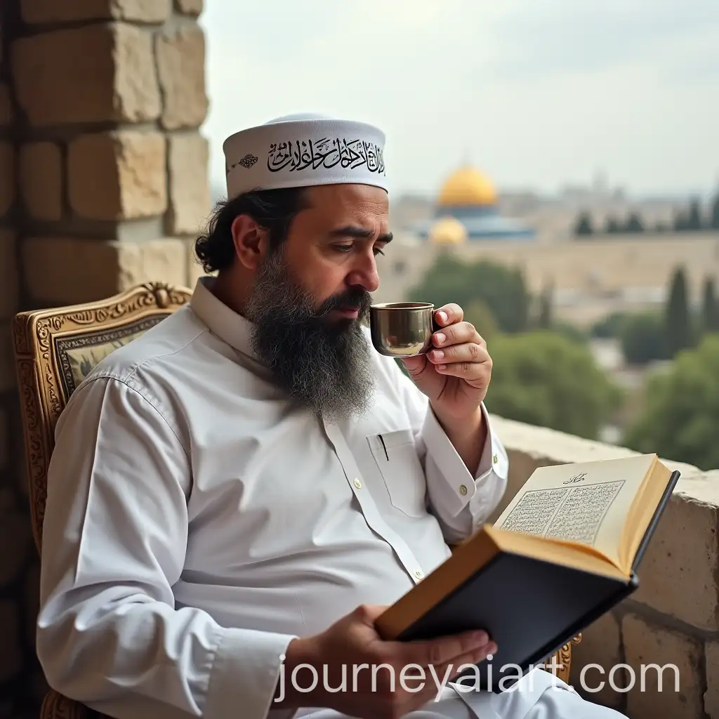 Sayid-Hassan-Nasrallah-Reading-Quran-and-Drinking-Tea-with-Jerusalem-in-the-Background