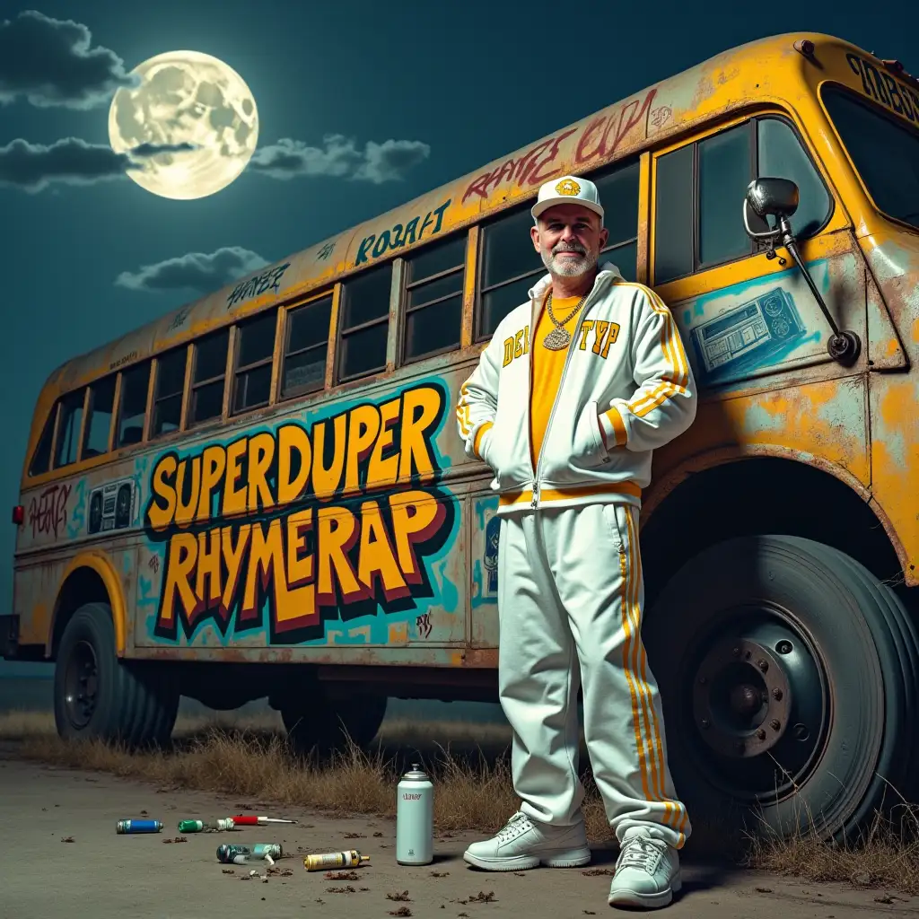 In the foreground is a white 40-year-old hip hop superstar, in a white tracksuit with yellow stripes, Oldscool style, yellow t-shirt with the inscription in large 'DER TYP' base cap, white sneakers, hung with lots of gold chains, he looks with bright red eyes, you can see the red veins, directly into the camera, he smiles as if he has stepped away, in one hand he holds a spray paint can and sprays it on the camera side of an old rusted and outdated decommissioned bus standing behind him. On the bus Behind the Hip Hopper is a huge old school graffiti, with a turntable, microphone, speaker, boombox artistically sprayed, in the middle it says 'SUPERDUPER RHYME RAP' in large graffiti writing, on the floor in front of the bus there are used empty spray cans of different colors lying around, it is night, a skyline illuminated in the background in the form of a huge equalizer, up in the sky the moon is smiling contentedly With a joint in your mouth, do everything in great detail in hip hop record cover style.